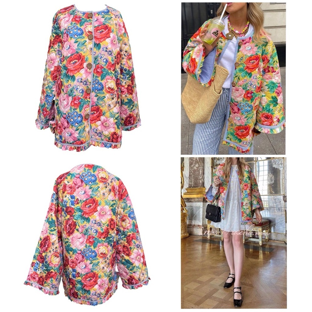 Sunday Up FLOWER PRINT  LIGHTWEIGHT OVERSIZED QUILTED JACKET with Pockets Large